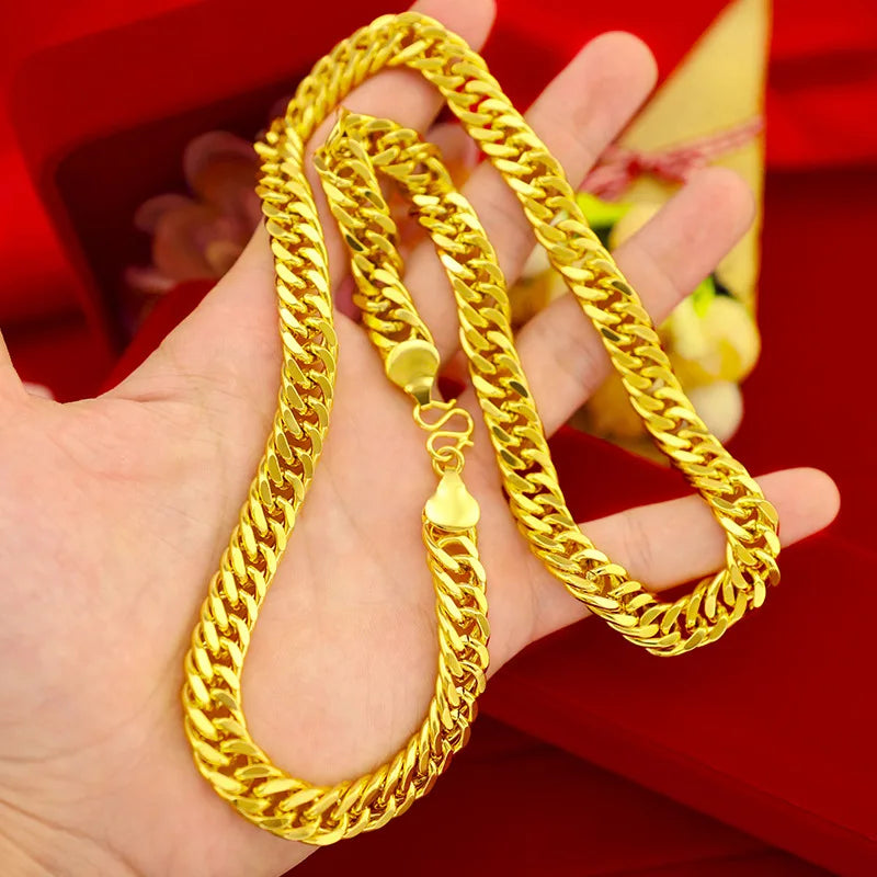 Men's Luxury 24K Plating Gold Necklace Jewelry 10mm Flat Chain Long Lasting Non-Fade Wedding Engagement Jewelry Christmas Gift F