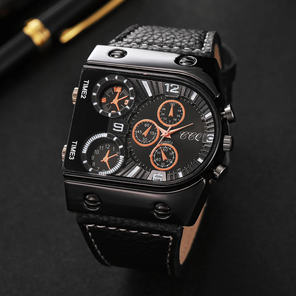 Fashion Decorative Five-eyes Big Dial Men's Quartz Watch Casual Leather Band Male Sports Watches