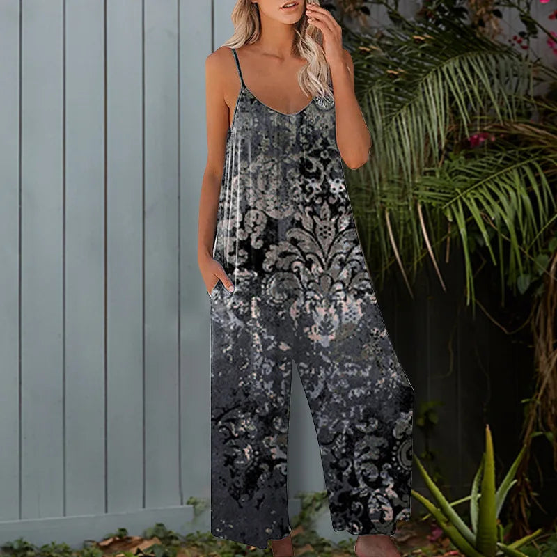 Women Sleeveless Printing Beach Boho Casual Jumpsuit Summer Vacation High Street Romper Casual Overalls Wide Leg Trousers