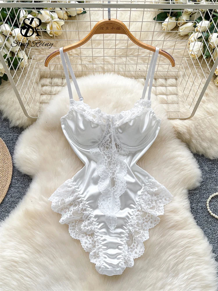 SINGREINY Satin Erotic Bodysuits 2025 Fashion Strap Backless Slim Rompers Nightwear Lace Spliced Sheer Sexy Playsuits