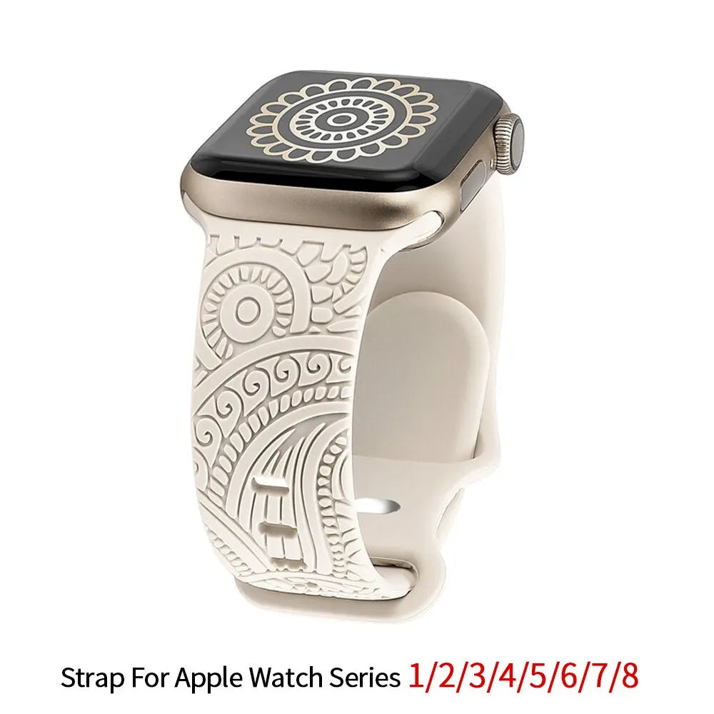 Hot Engraved Pattern Silicone Band For Apple Watch 42mm 46mm 38mm 40mm 41mm Sport Loop Strap For Iwatch Series 10 9 8 Ultra 7 6