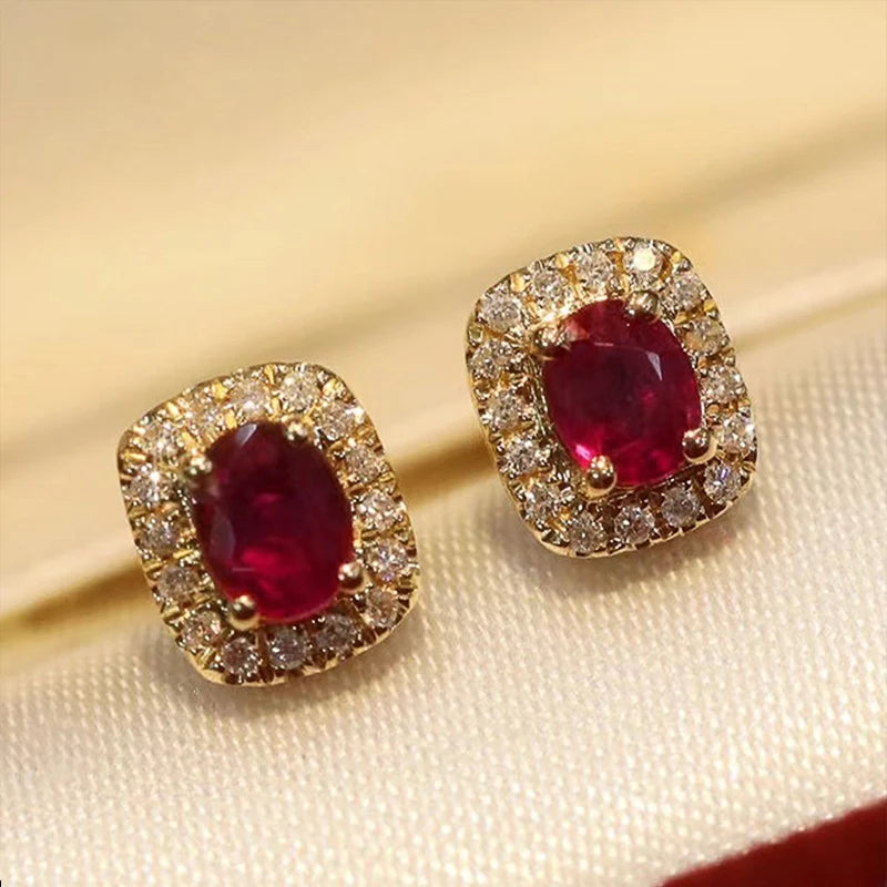 Huitan Fashion Red Cubic Zirconia Stud Earrings Luxury Gold Color Wedding Ear Accessories for Women Versatile Jewelry Wholesale