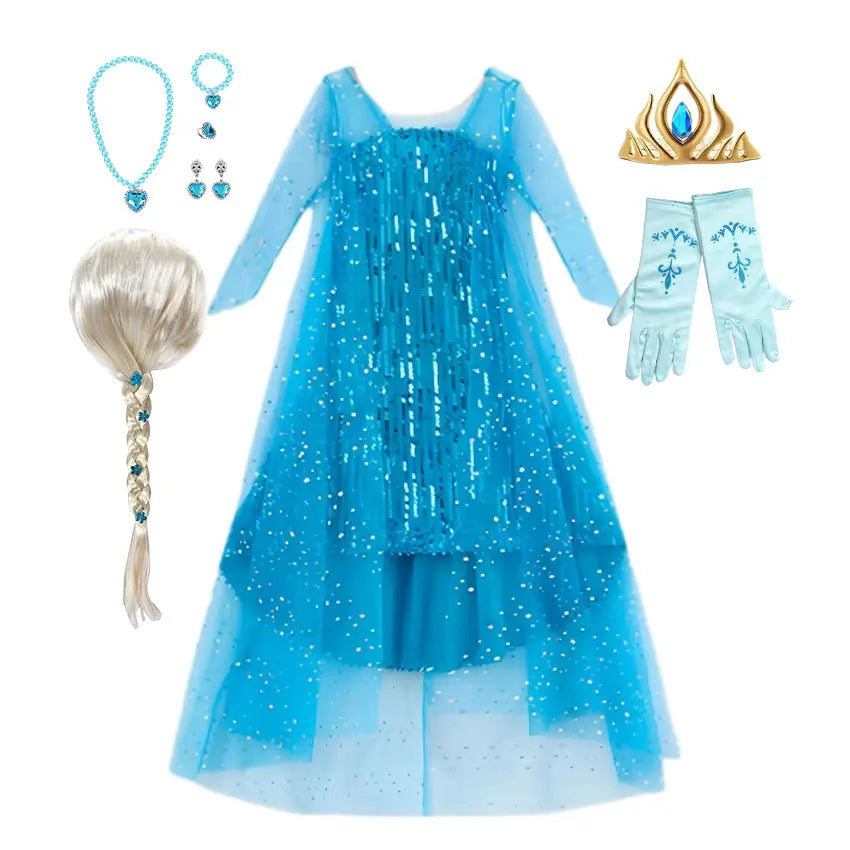 Girl Stunning Princess Maxi Dress All Body Sequin Covered Blue Train Sparkly Tulle Costume Snow Queen Party Elsa Cosplay Outfit
