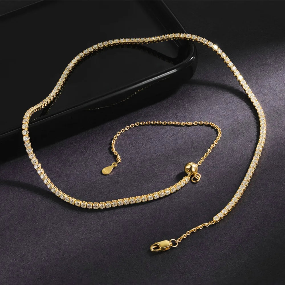 FEOBUR 2mm Moissanite Tennis Necklaces for Women S925 Silver Plated 18K Gold Adjustable Full Diamond Choker Neck Chain Jewelry
