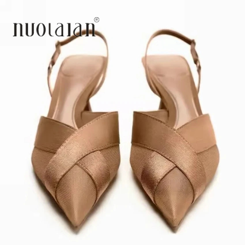 2025 Woman Brown High Heels Women Sandals Summer Fashion Pointed Toe Low-heel Pumps Slingbacks Elegant Female Heeled Shoes