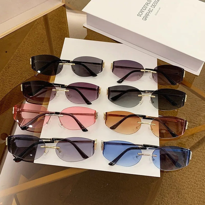 Rimless Oval Sunglasses Women UV400 Oversized Gradient Black Lenses Metal Frame Punk Decorative Glasses Men Goggles Female