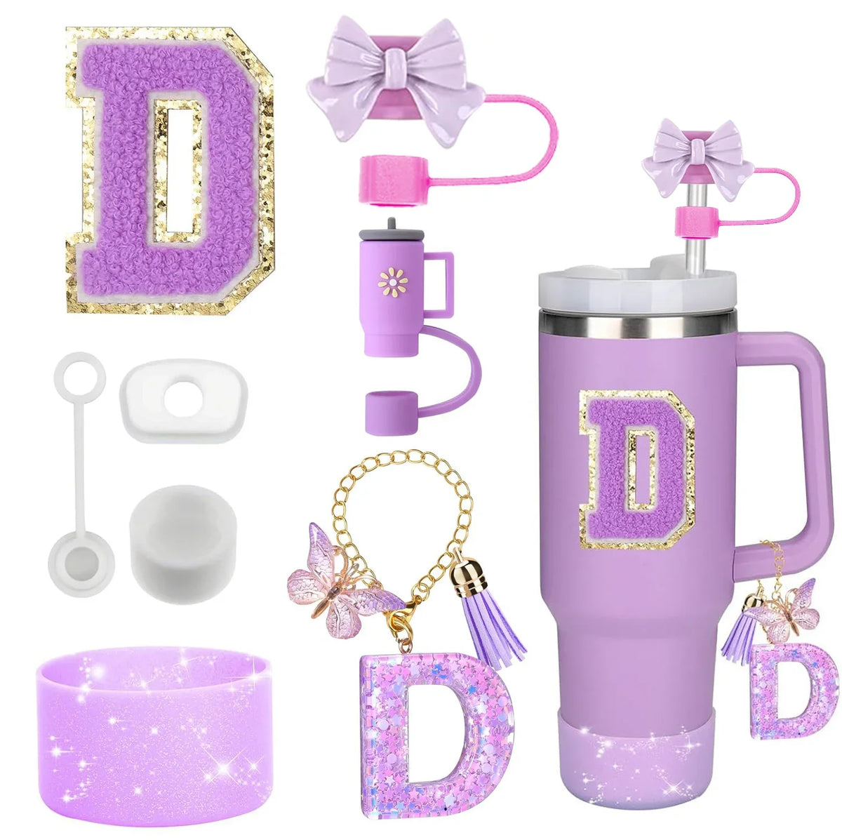 8PCS Accessories Set for Stanley Cup Purple 30oz 40oz tumbler Silicone Straw Topper Cover Cap Boot Handle Charm Initials Sticker