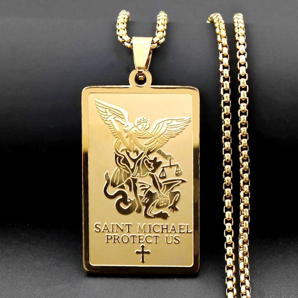 Christian Archangel Saint Michael Protect Us Cross Medal Pendant Necklace Stainless Steel Gold Plated Chain Amulet Jewelry Gift