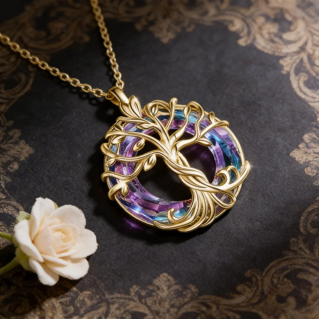 Tree of Life Necklace with Circle Crystal Exquisite Family Tree Pendant Design Jewelry Gift for Women Mom Daughter
