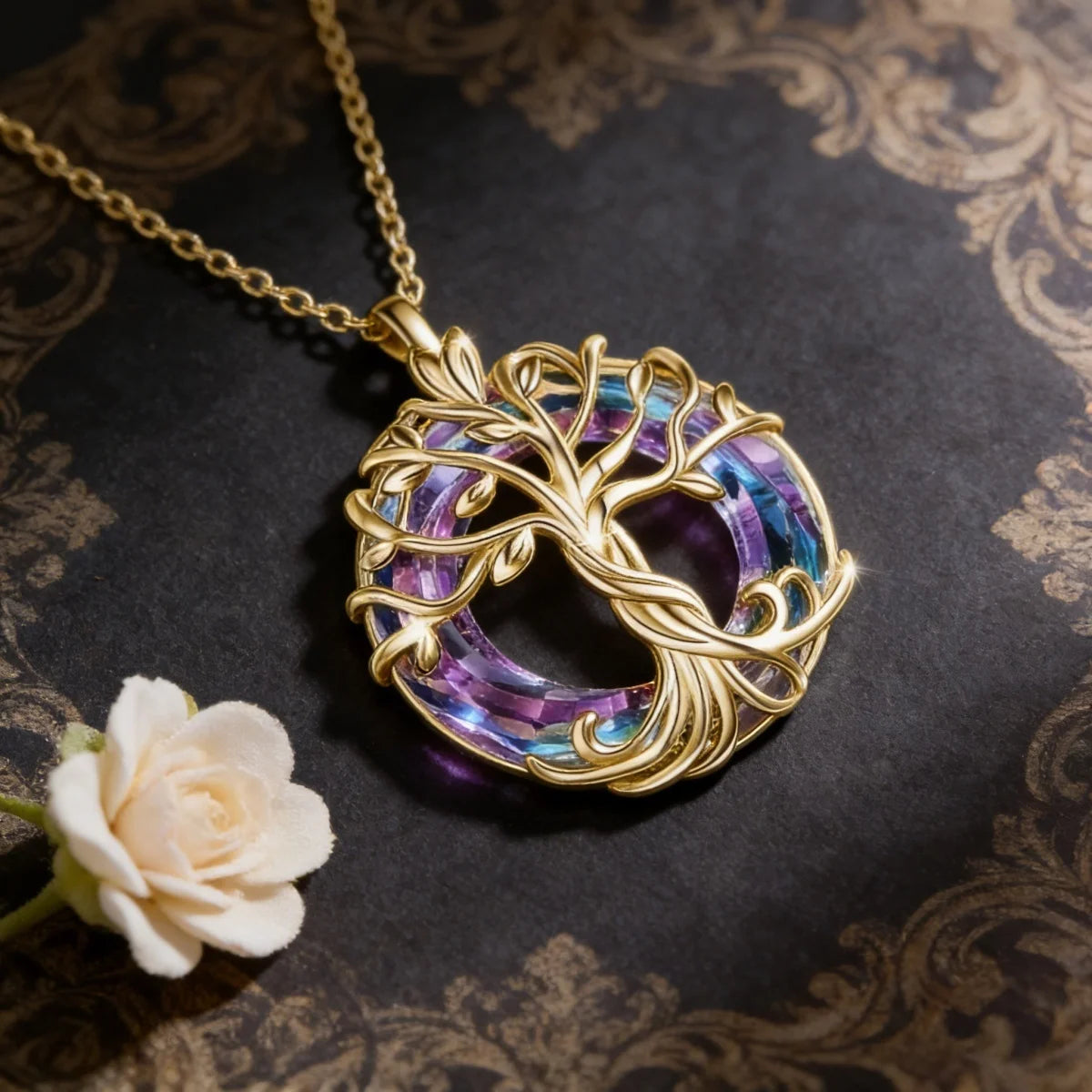 Tree of Life Necklace with Circle Crystal Exquisite Family Tree Pendant Design Jewelry Gift for Women Mom Daughter