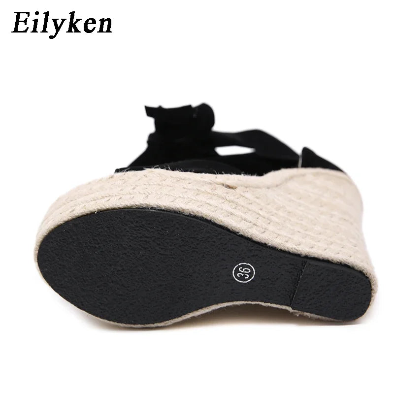 EilyKen Summer Butterfly-Knot Open Toe Women Sandals Fashion Solid Platform High Heel Wedge Shoes Ankle Lace-up Pumps