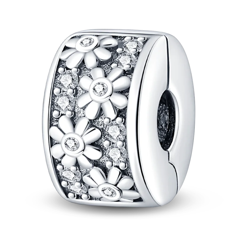 Silver Clasp 925 Sterling Silver CZ Pave Clip Charms Daisy Beads Stopper Safety Chain Fit Original Bangle Bracelet Jewelry Clips