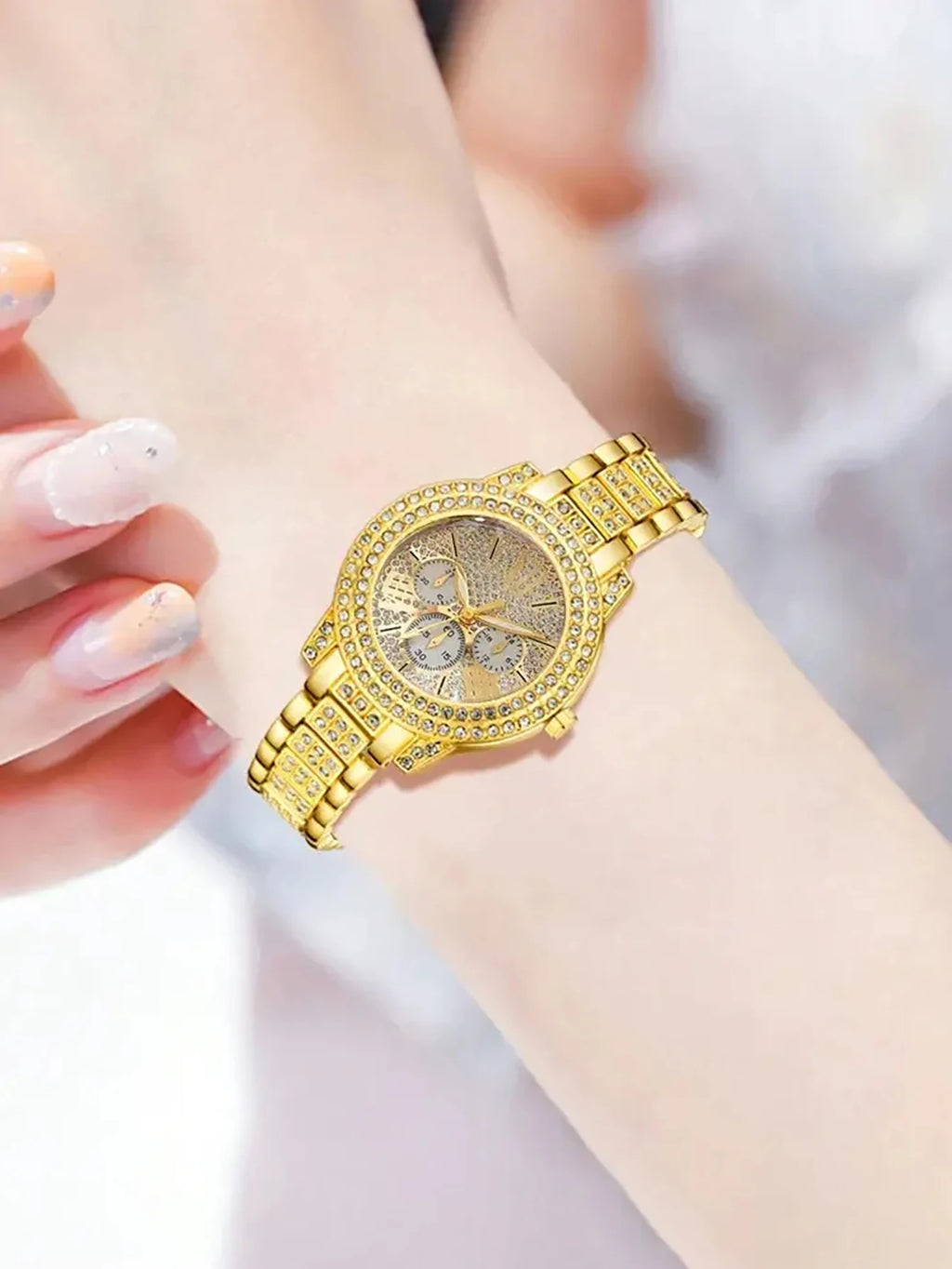 Luxurious Fashion Ladies round Shell Quartz Watch Set with Feathers Shaped Embedded Jewelry Accessory Ideal Gift