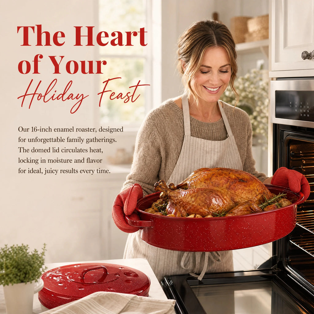 16 Inch Roasting Pan with Lid-Covered Oval Roaster-Enamel Carbon Steel Roaster Pot-Excellent Heat Distribution and Non-sticky - for Turkey Chicken Meat & Vegetables -Birthday and Holiday Gifts