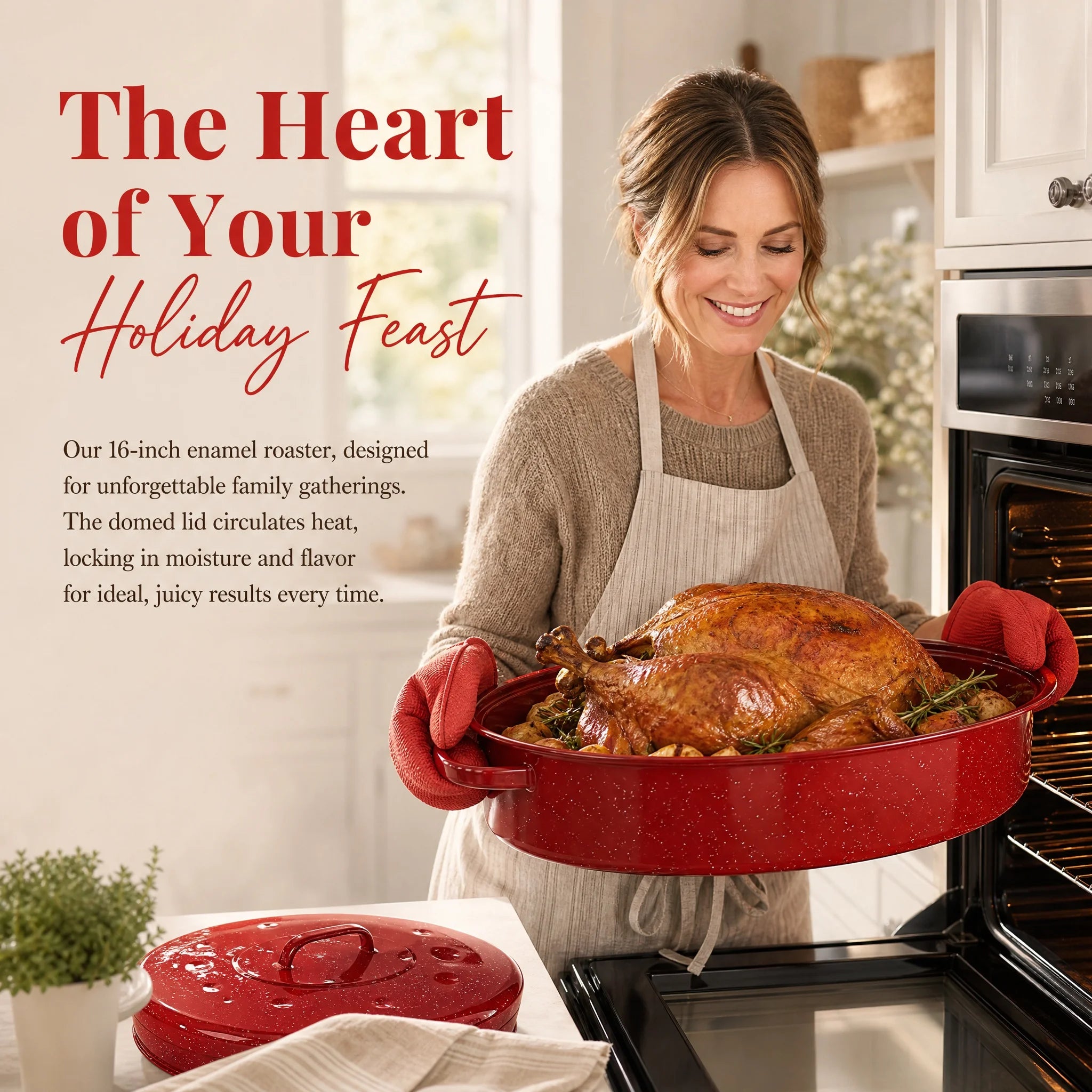 16 Inch Roasting Pan with Lid-Covered Oval Roaster-Enamel Carbon Steel Roaster Pot-Excellent Heat Distribution and Non-sticky - for Turkey Chicken Meat & Vegetables -Birthday and Holiday Gifts