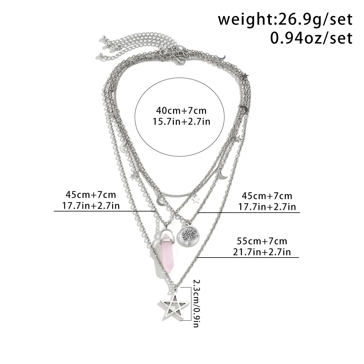 4Pcs Ethnic Pink Crystal Star Pentagram Pendant Choker Necklace for Women Elegant Moon Tassel Chain Party Jewelry Accessories