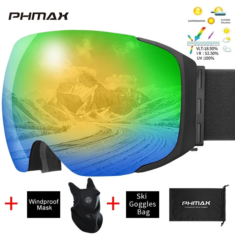 PHMAX Ski Goggles UV400 Anti-fog Eyewear Magnetic Lens Women Men Outdoor Sports Mountain Snowboard Big Snow Goggles With Mask