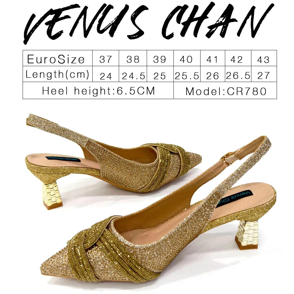 Venus Chan 2024 Special Design High Quality Orange Color African Women Shoes and Bag Set with Shinning Crystal for Wedding Party