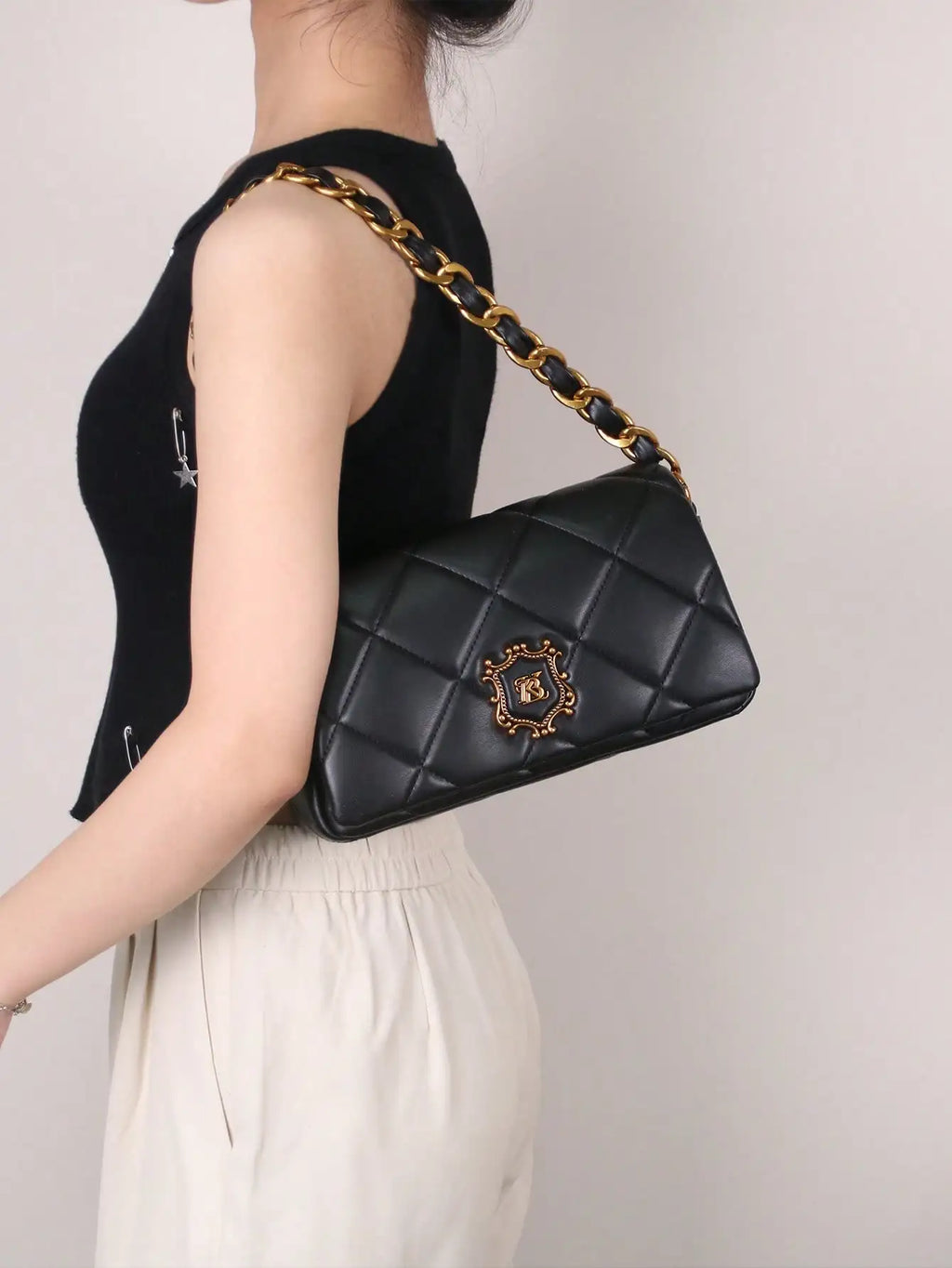 New Luxury Champagne Color Fashionable & Elegant Women's One Shoulder Underarm Bag, High-End Soft Leather Quilted Stitching Chain Strap Commuter Bag, Versatile Large Capacity Crossbody Bag