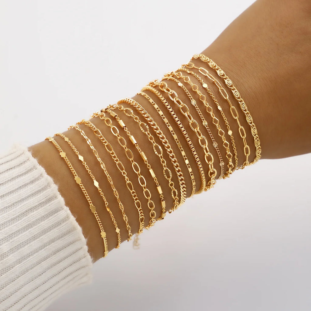 16pcs Minimalist Heart Pearl Rhinestone Snake Chain Bracelet Set for Women Elegant Gold Color Dates Vacations Daily Wear Jewelry