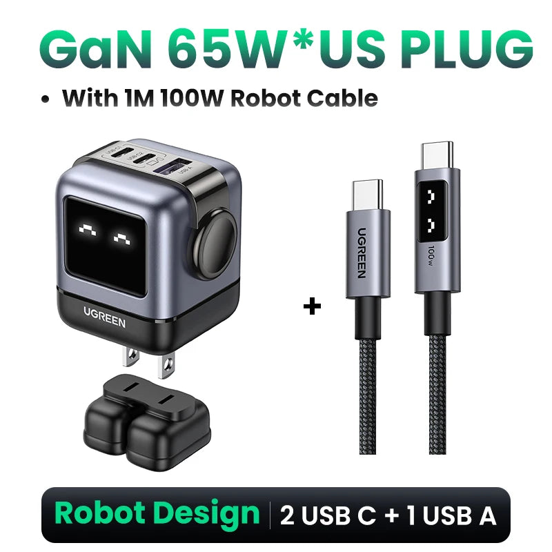 【US Plug】UGREEN100W 65W 30W GaN Charger Robot Design QC4.0 3.0 PPS for iPhone 18 17 16 Pro Macbook Laptops Tablet iPad Samsung