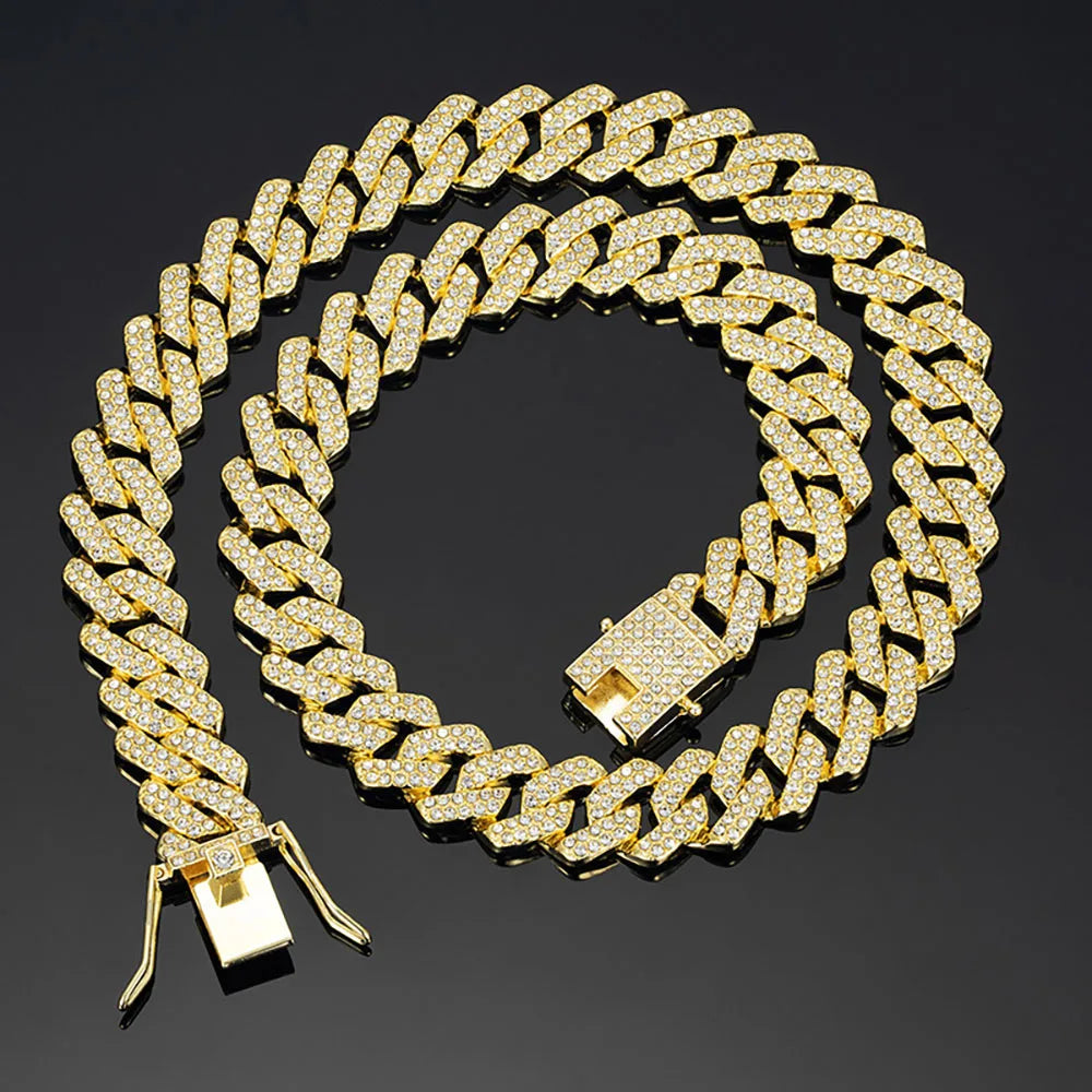 Fashion Hip Hop Square 14MM Cuban Link Necklace Men Gold Color Women Rhinestone Iced Out Cuban Chain Punk Jewelry Necklaces Gift