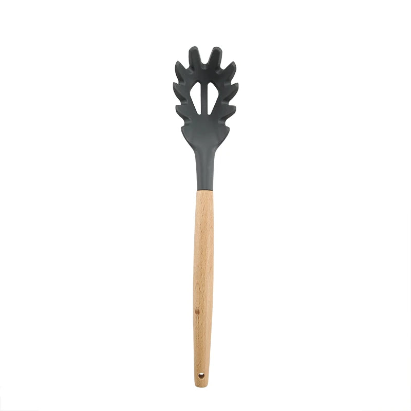 High Temperature Resistant Silicone Kitchenware Set Wooden Handle Shovel Leaky Spoon Tool Cooking Utensil Baking Accessories