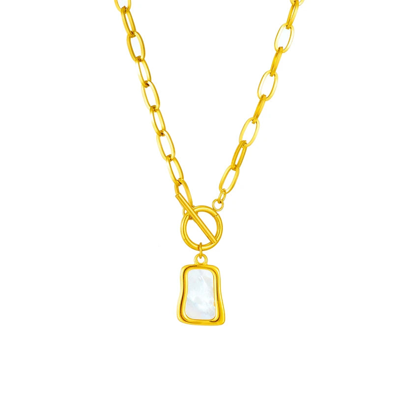 DIEYURO 316L Stainless Steel Geometric Trapezoidal Pearl Oyster Pendant Necklace For Women New OT Buckle Chains Jewelry Gifts