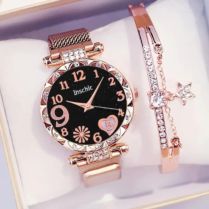 2PCS/Set Fashion Flower Dial Women's Watch Magnet Buckle Mesh Band Quartz Watches Star Bracelet Set(Without Box)