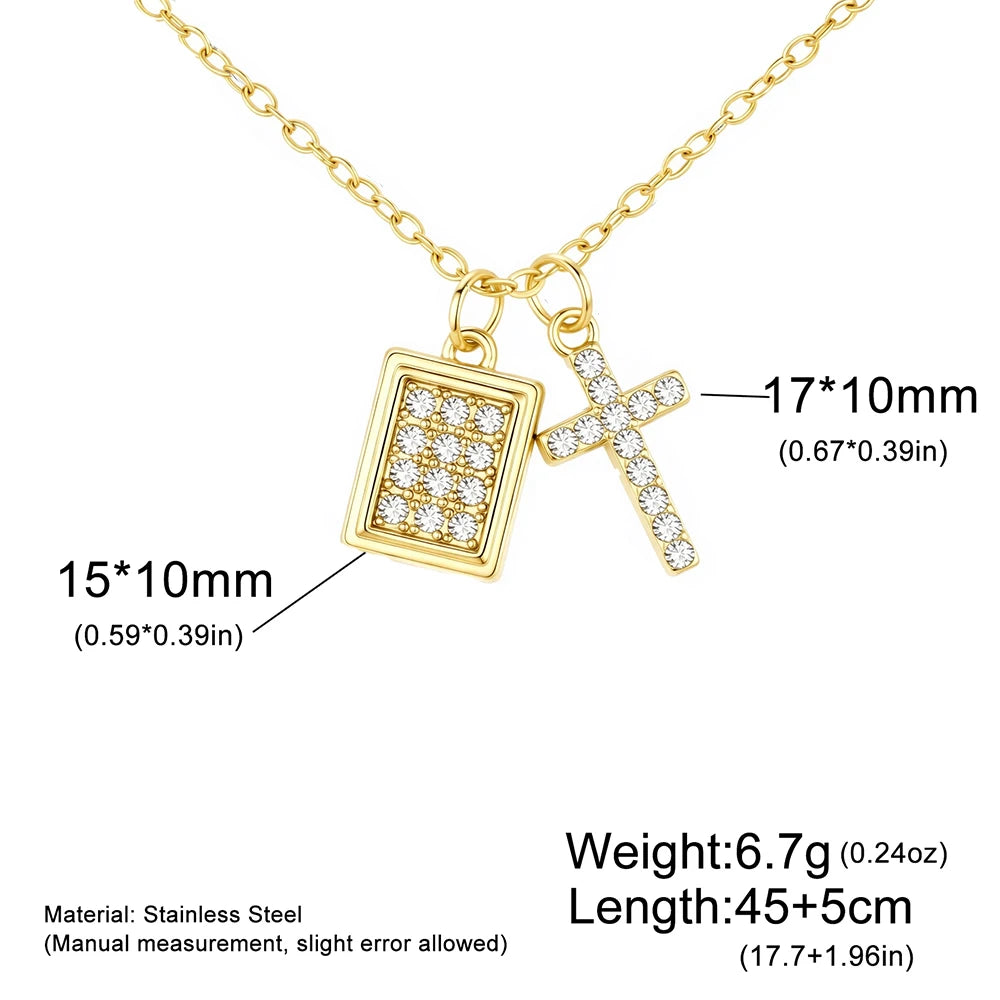 Skyrim Clear Zircon Cross Pendant Necklace Women Gold Plated Stainless Steel Filled Beading Chain Choker Religious Jewelry Gift