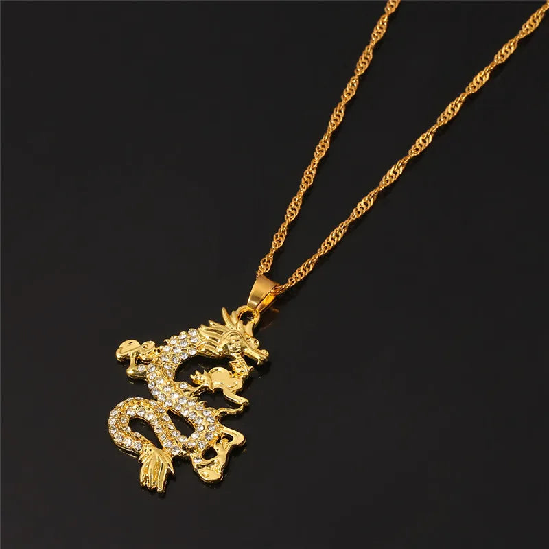 Chinese Style Gold Color Dragon Pendant for Men and Women, Charm Necklace, Creative, Luxury, Anniversary, Jewelry Accessories