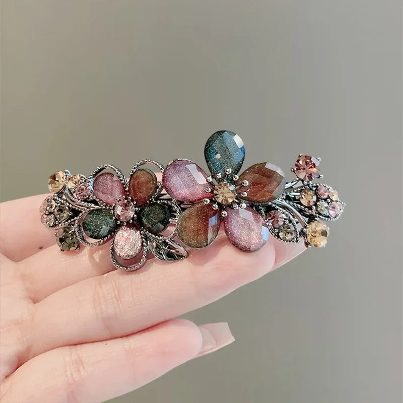 Elegant Colorful Rhinestone Flower Spring Hair Clip One Word Clip Women's Back of Head Half-tied Barrettes Hair Accessories