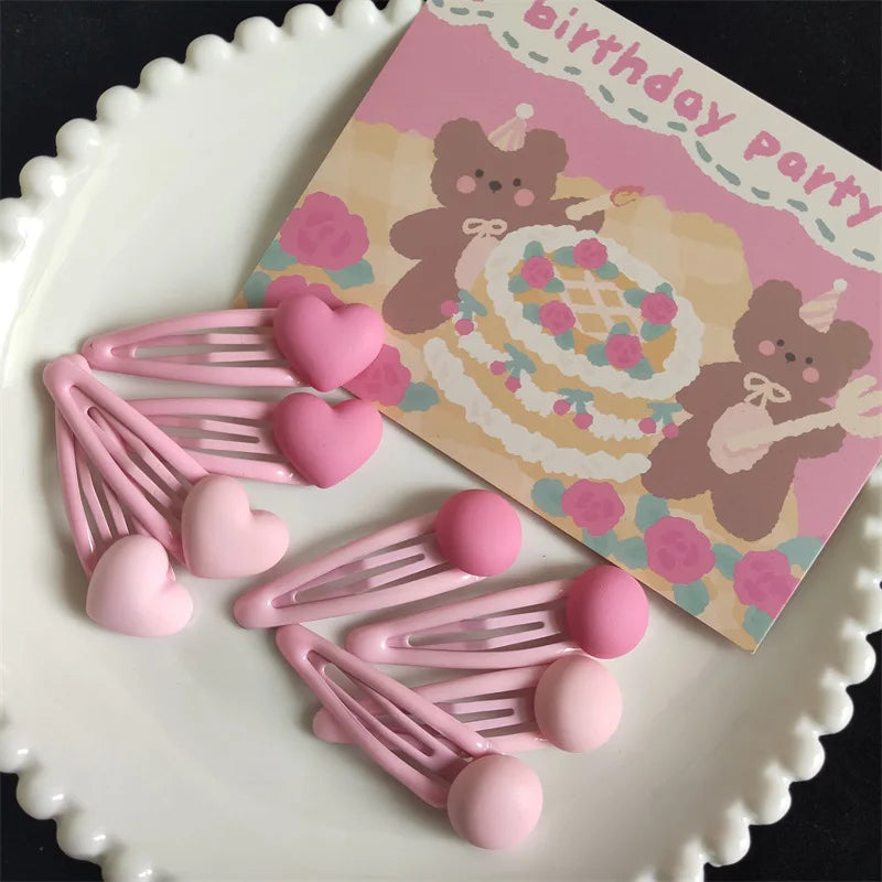 Children Pink love and Pink Ball Hairpins Simple Matte Texture Hair Clips Sweet Girls BB Side Clips Hairgrip Barrettes Headwear
