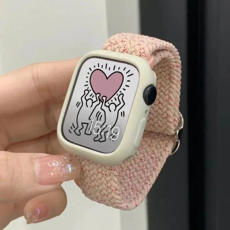 Korean Cute Braied Strap + Case For Apple Watch Band 49mm 41mm 45 44 38 42 Nylon Bracelet For iWatch Series 9 8 7 6 5 4 3 SE 40