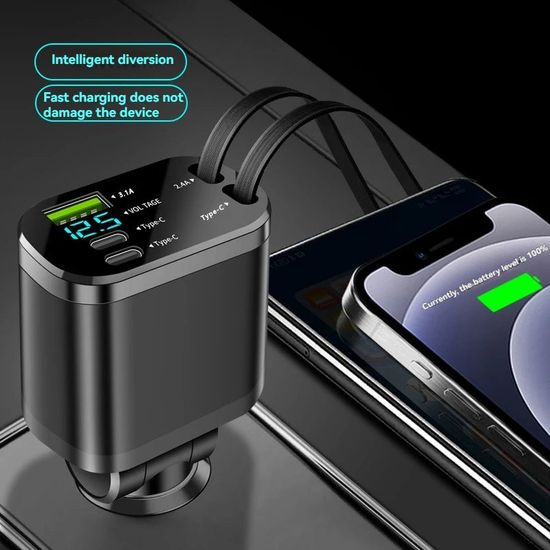 Car charger, car charger with retractable cable, car PD, car fast charging, super fast charging, flash charging, five in one cig
