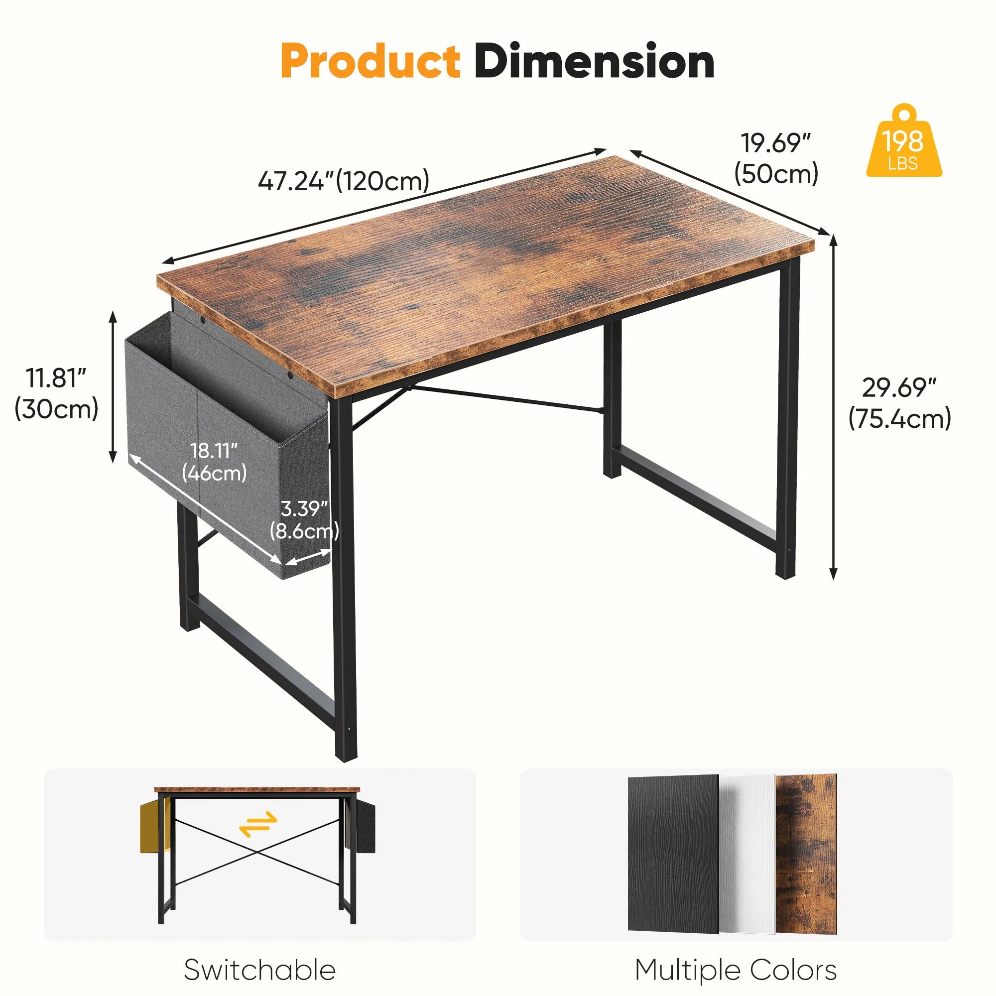 JHK 31IN to 55IN Computer Office Desk Writing Study Office Gaming Table with Storage Bag Metal Frame Wood Tabletop Easy Assembly