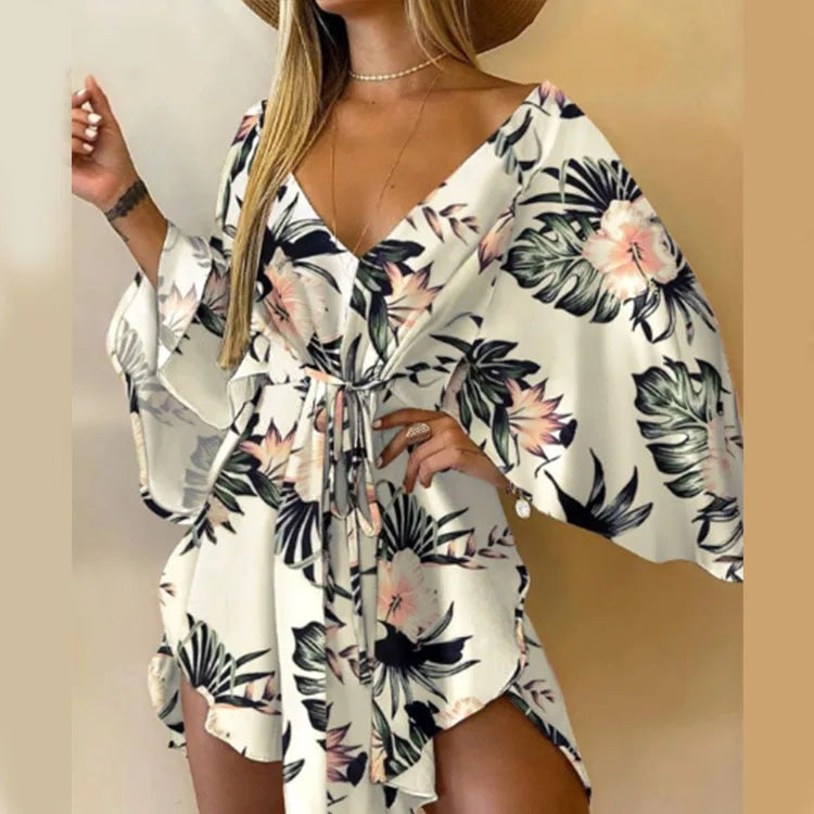 Sexy V Neck Long Batwing Sleeve Floral Print Loose Asymmetrical Dress Summer Women Irregular Leaf Print Party Boho Dresses