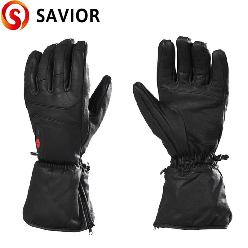 SAVIOR HEAT Electric Heated Leather Gloves Rechargeable Battery Waterproof Heated Gloves for Men Women Cycling Ski Thermal Warm