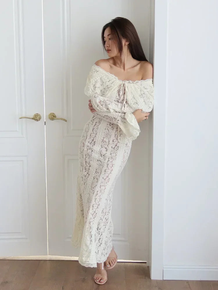 White Lace Flare Off Shoulder Dress Women Elegant Sexy Hollow Out Long Sleeve Slim Dresses 2026 Spring Lady Mermaid Floor Robe