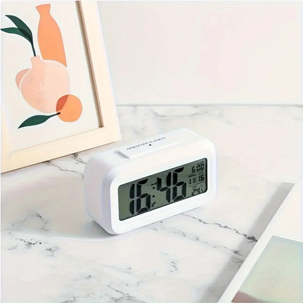 Smart Digital Alarm Clock with Intelligent Light Sensor Large LCD Screen Display Date Temperature Snooze Mode Silent Desktop Electronic Clock for Bedroom Bedside Kids Gift