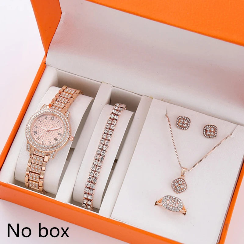 6Pcs Women's Rhinestone Quartz Watch Set Fashion Wrist Watch & Jewelry Set Gift