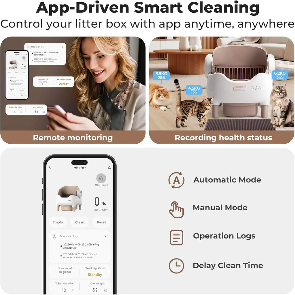 Automatic Self Cleaning Cat Litter Box with APP Control, Open Top Design, Anti-Pinch & Odor-Free, for Multiple Cats