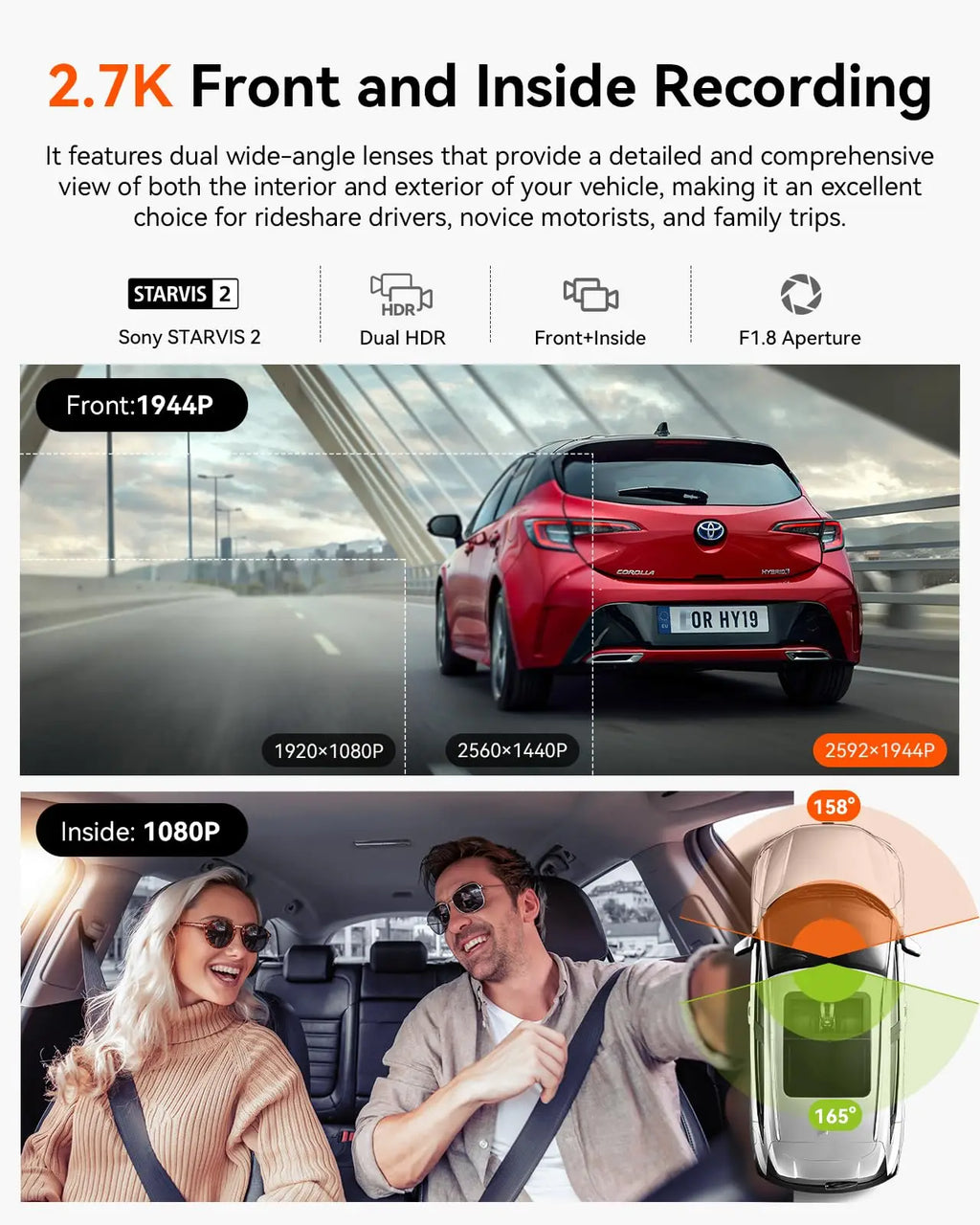 Vantrue N2X 2.7K Dash Cam Front and Inside, 5G WiFi Dual Dash Camera for Car with HDR IR Night Vision,  GPS, LTE Support, 60FPS