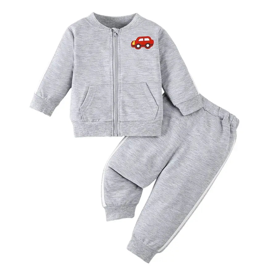 Boy's Clothing 2pcs Set Grey Baseball Hoodie Suit Infants Toddlers Car Print Pattern Cardigan And Pants Sets Casual Sportswear
