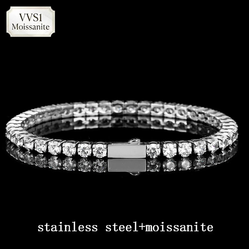 3/4/5mm Bling VVS1 Moissanite Tennis Chain Stainless Steel Bracelet Necklace For Men Women Pass Diamond Tester Hip Hop Jewelry
