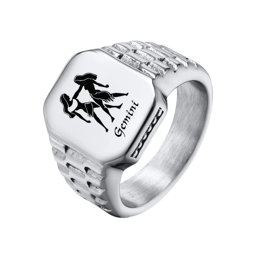 Free Custom 12 Zodiac Signet Rings for Men,Personalized Stainless Steel Finger Birthday Gift to Dad Father Husband Son
