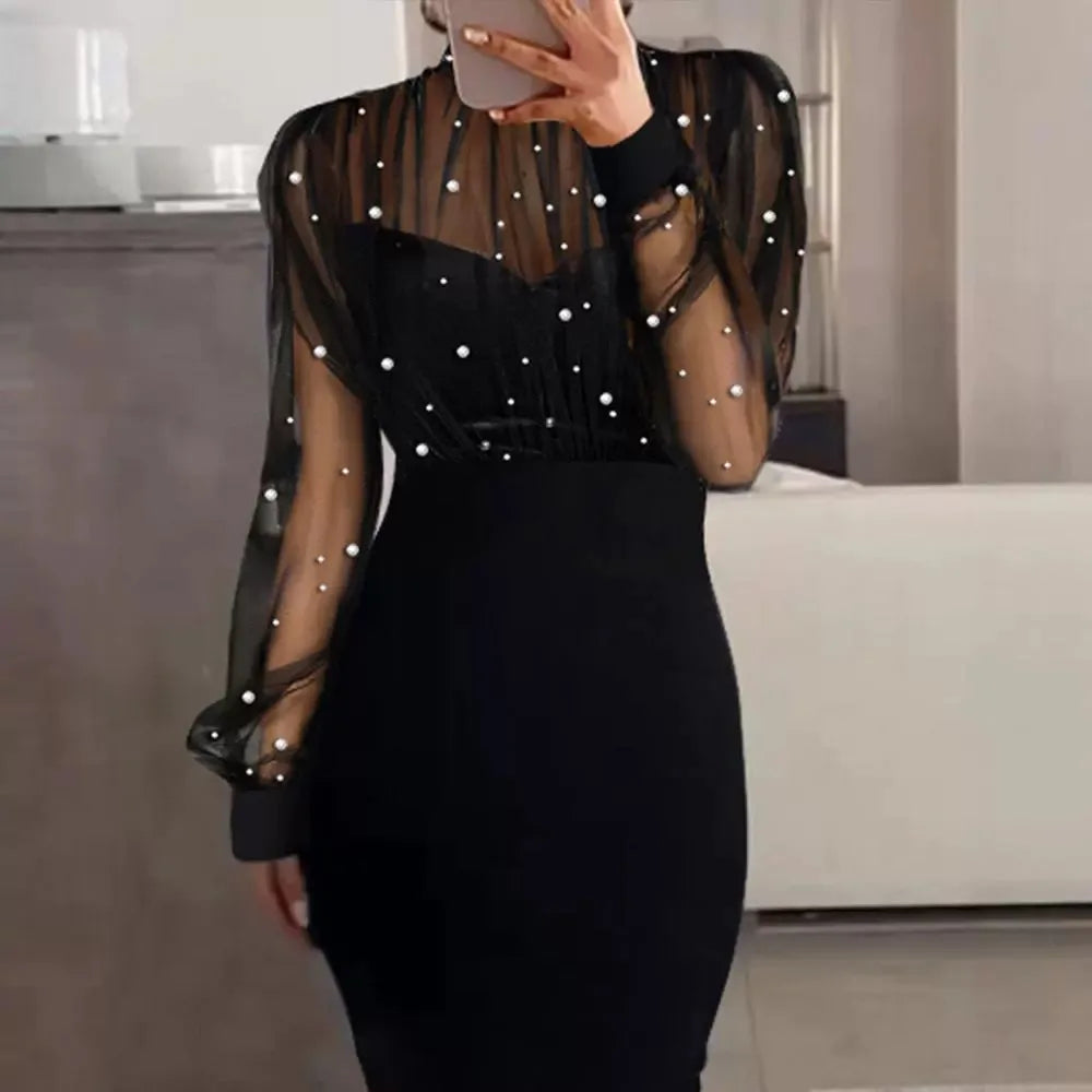 Women Mesh Pearl Splice Long Dress Full Sleeve Slim Fit Wrap Hip Dresses Y2k Sheath Evening Vestidos Sexy Elegant High Waist