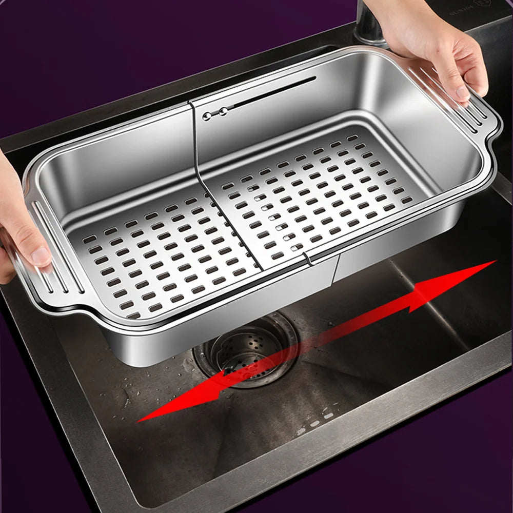 Stainless Steel Telescopic Sink Filter Basket, Adjustable Length, Used for Cleaning Fruits, Draining Spaghetti and Dishes