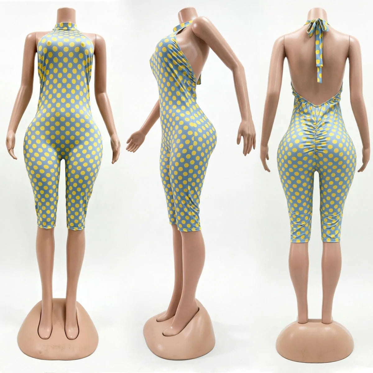 FLARORA Sexy Polka Dot Print Jumpsuit Woman Trend Halter Bandage Backless Sleeveless Peach Hip Skinny Elasticity Street Overalls