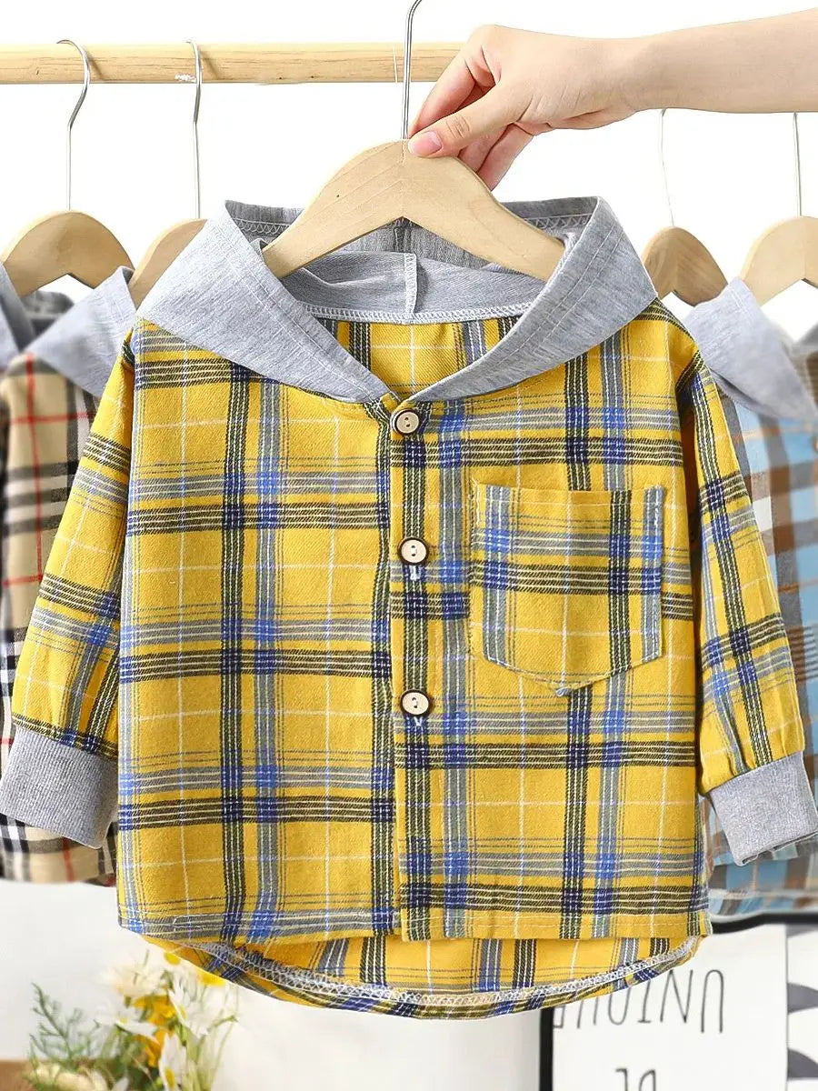Children Shirts Girls and Boys Hooded Shirts Kids Combed Cotton Plaid Tops Spring and Autumn Long-Sleeved V-Neck Casual Coat